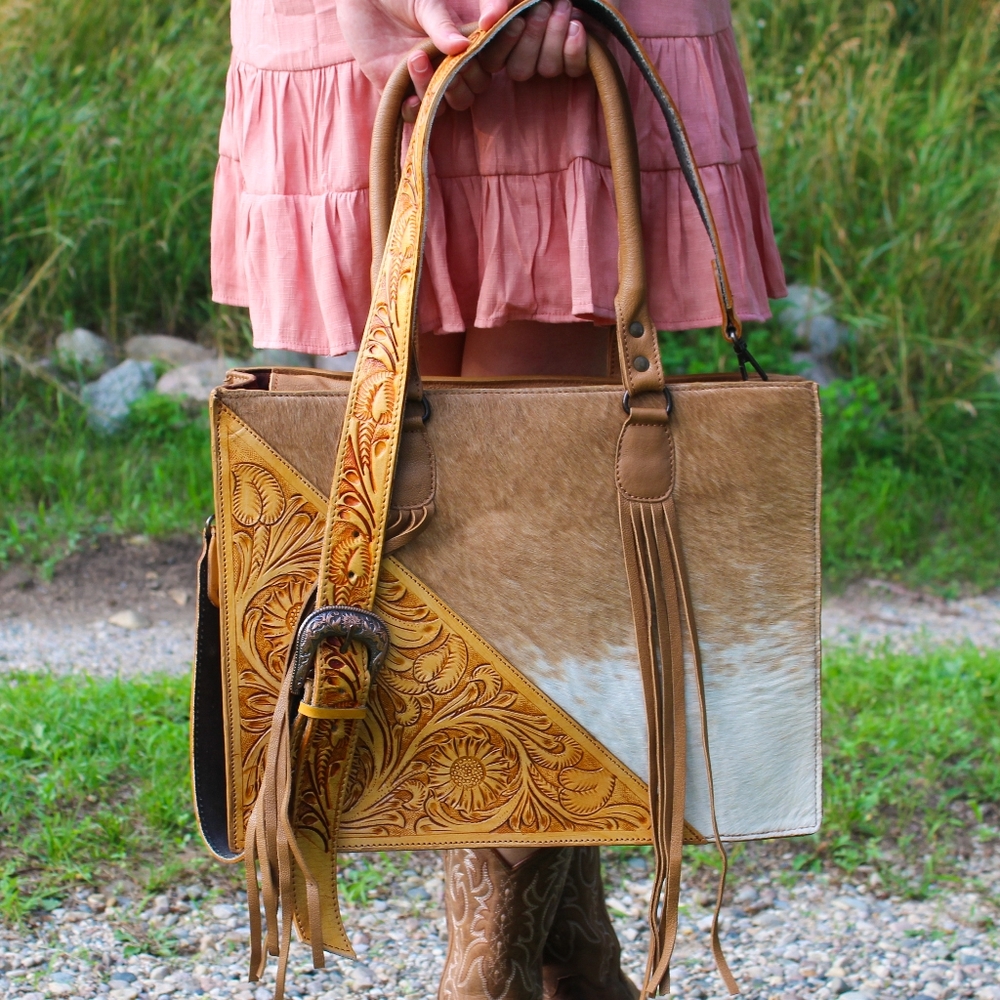 Genuine Tooled Leather and Cow Hair on Hide Tote with Fringe